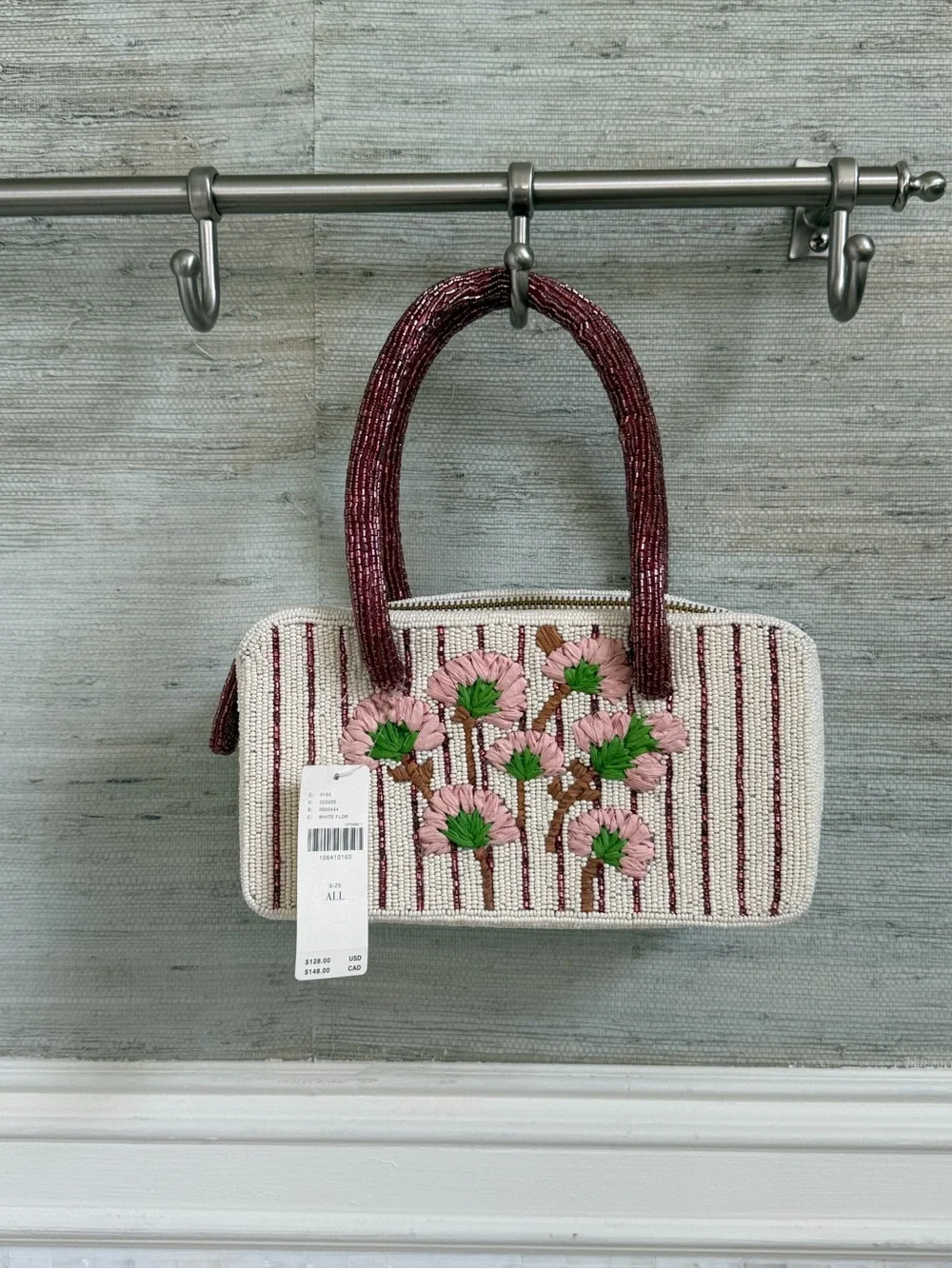 NWT new Anthropologie beaded box shaped bag purse floral cream burgundy stripe